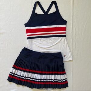 Fila Heritage Navy White Red Striped Tennis Tank & Pleated Skirt Set Medium